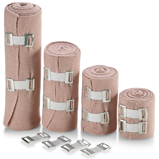 MEDca Elastic Compression Bandage Wrap - First Aid Bandages Roll Measures 2", 3", 4", 6" x 5 Ft with 4 Extra Hooks | Athletic Sports Stretch Wraps for Ankle, Wrist, Arm & Leg Sprains (Pack of 4)