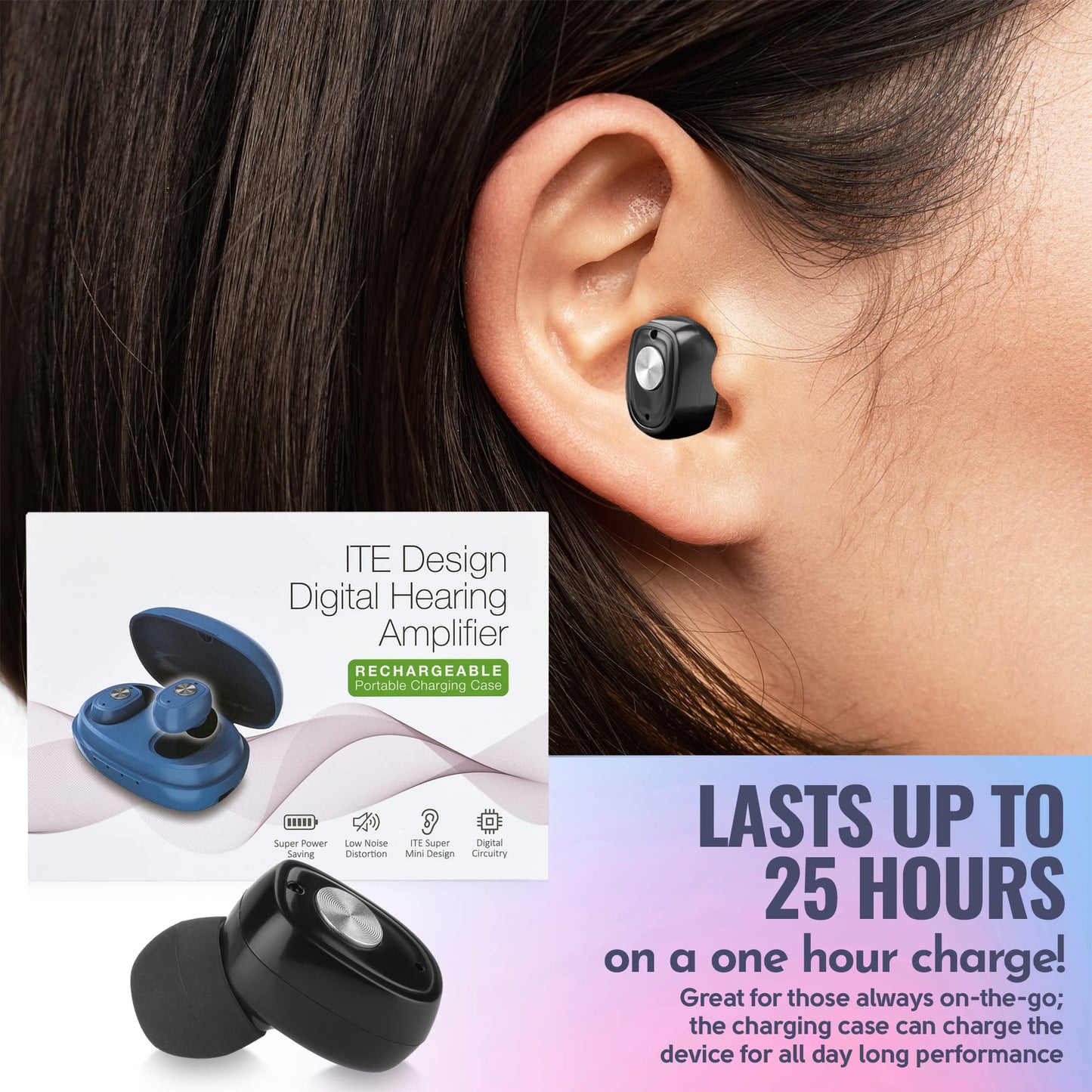 Rechargeable Hearing Amplifier Pair w/ Noise Cancelling, Digital Sound Device for Seniors & Adults - ITC Nano Personal Amplifier - One Touch Control & Low Sound Distortion Hearing Assist Device, Black