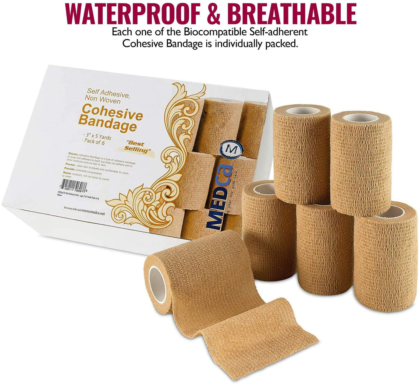 Self Adherent Wrap - Bulk Pack of 6, Athletic Tape Rolls and Sports Wraps, Self Cohesive Non-Woven Adhesive Bandage (3 In x 5 Yards) for Ankle Sprains & Swelling