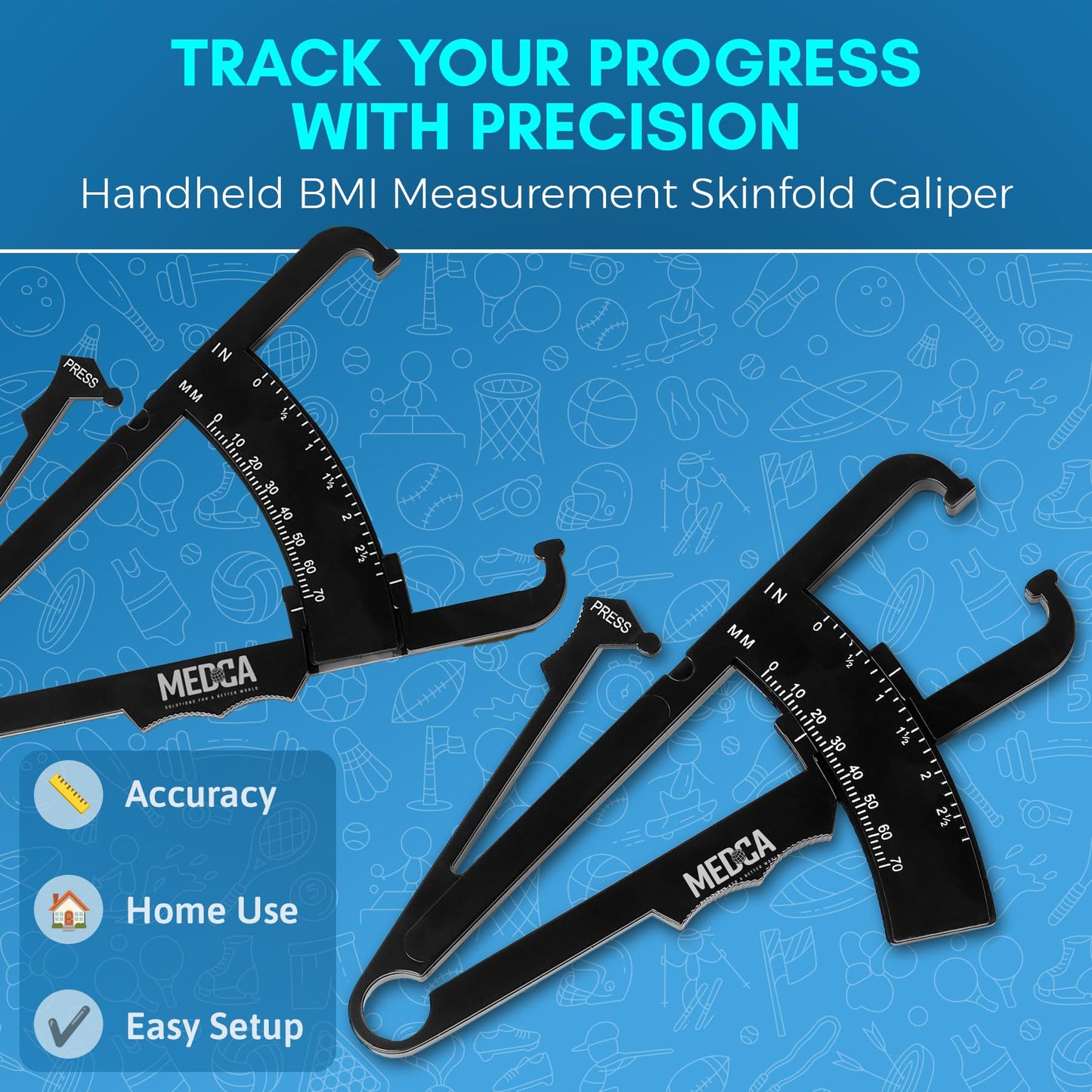 Skinfold Body Fat Caliper - Skin Fold Body Fat Analyzer and Handheld BMI Measurement Tool Skinfold Caliper Device Measures Body Fat for Men and Women by MEDca - (Pack of 2, Black)