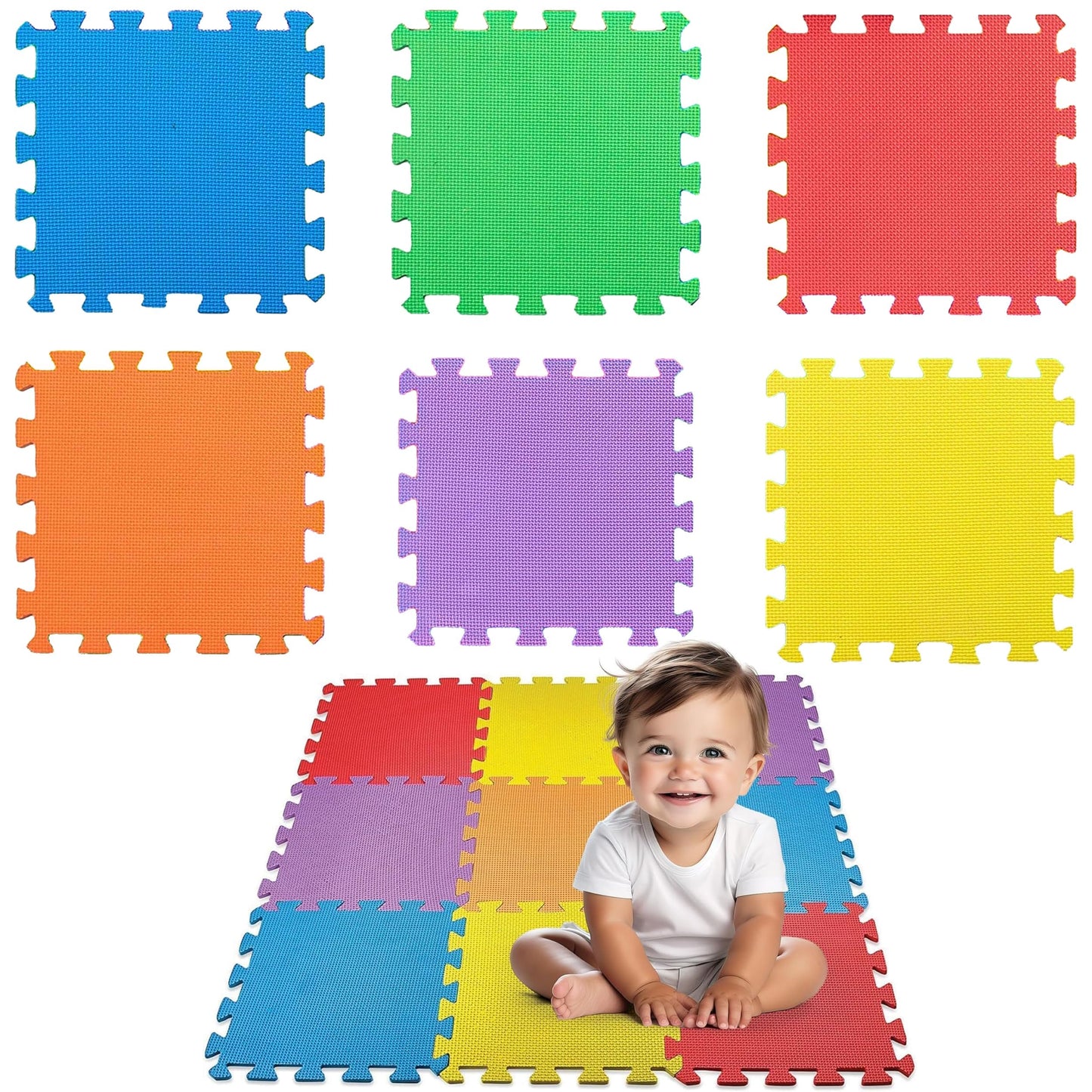 CREATIVE TIME Floor Mat 10-Tile Exercise Mat Solid Foam EVA Playmat Kids Safety - 10-Pcs of (1) Random Solid Color, Receive Either Red, Blue, Green, Yellow, Purple or Orange