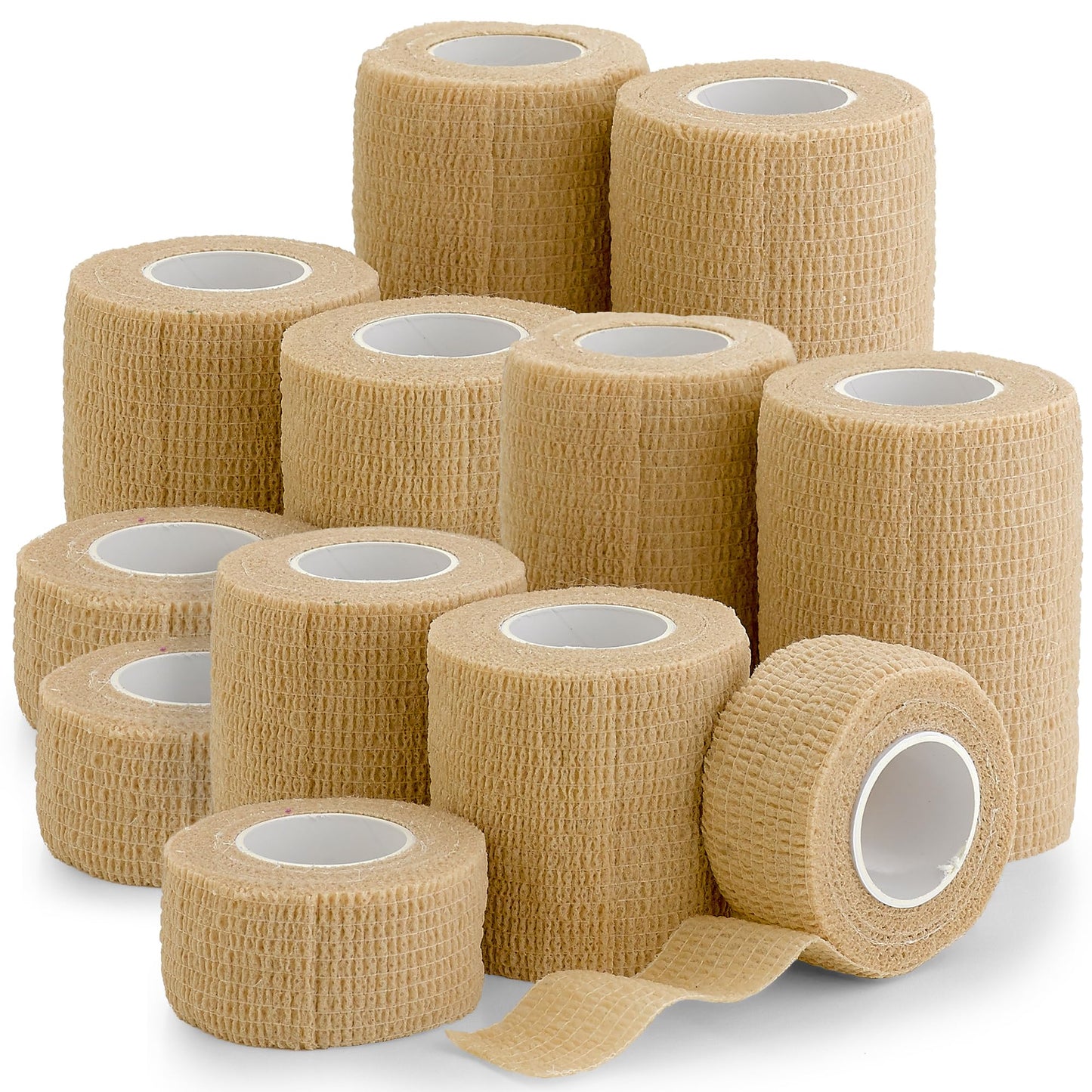 Self Adherent Cohesive Tape - (Pack of 12)1” 2" 3" x 5 Yards, (Light Tan) Self Adhesive Bandage Rolls & Sports Athletic Wrap for Ankle, Wrist, Sprains