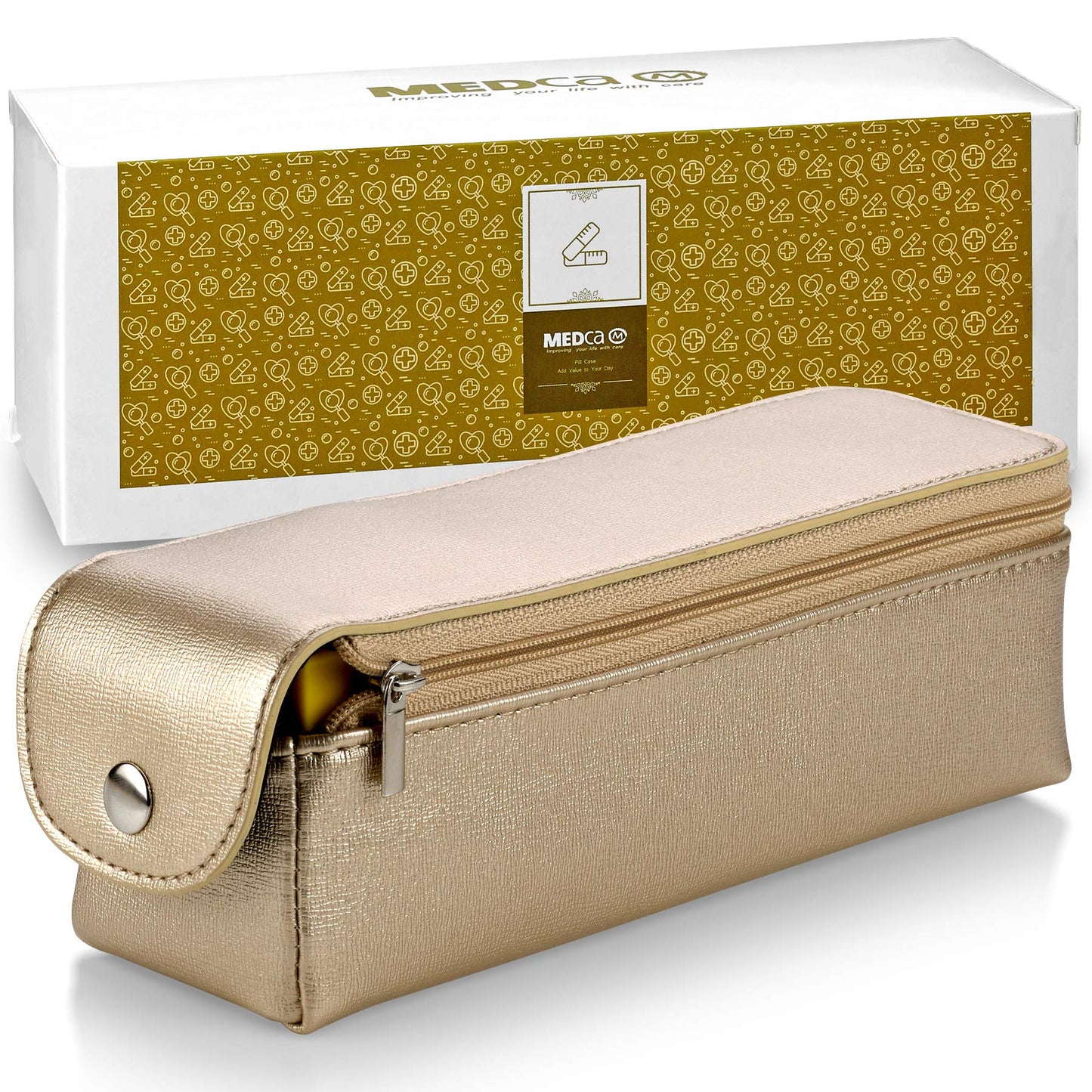 Large Weekly Pill Organizer Box in Gold Leather Case - 7 Day Week Pill Planner Organizers & Medication Reminder with 4 Times a Day - Daily Compartments that is Ideal for Travel by MEDca