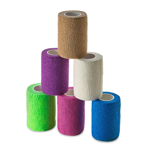 Self Adherent Wrap - Bulk Pack of 6, Athletic Tape Rolls and Sports Wraps, Self Cohesive Non-Woven Adhesive Bandage (3 In x 5 Yards) for Ankle Sprains & Swelling