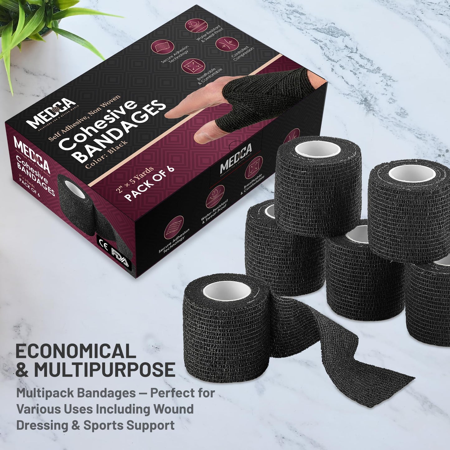 Self-Adherent Cohesive Bandage - Black Medical Wrap - 6 Rolls 2" Wide x 5 Yards Sports Tape for Medical Use, Sports, First Aid and Helps Protect Skin