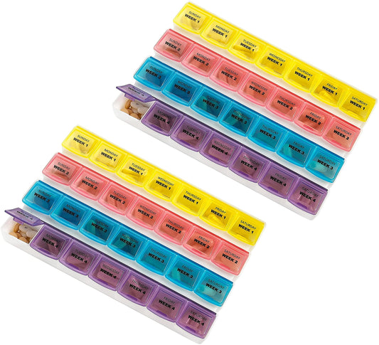 Monthly Pill Organizers - (Pack of 2) 28 Day Monthly Pill Planners to Separate Pills & Vitamins Week to Week, Travel Medication Reminder Daily Monday to Sunday Compartments