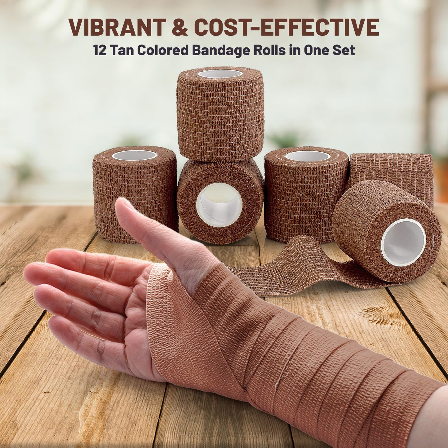 Self Adherent Cohesive Tape - 2" x 5 Yards, 12 Pack (Medium Tan) Self Adhesive Bandage Rolls & Sports Athletic Wrap for Ankle, Wrist, Knee Sprains and Swelling