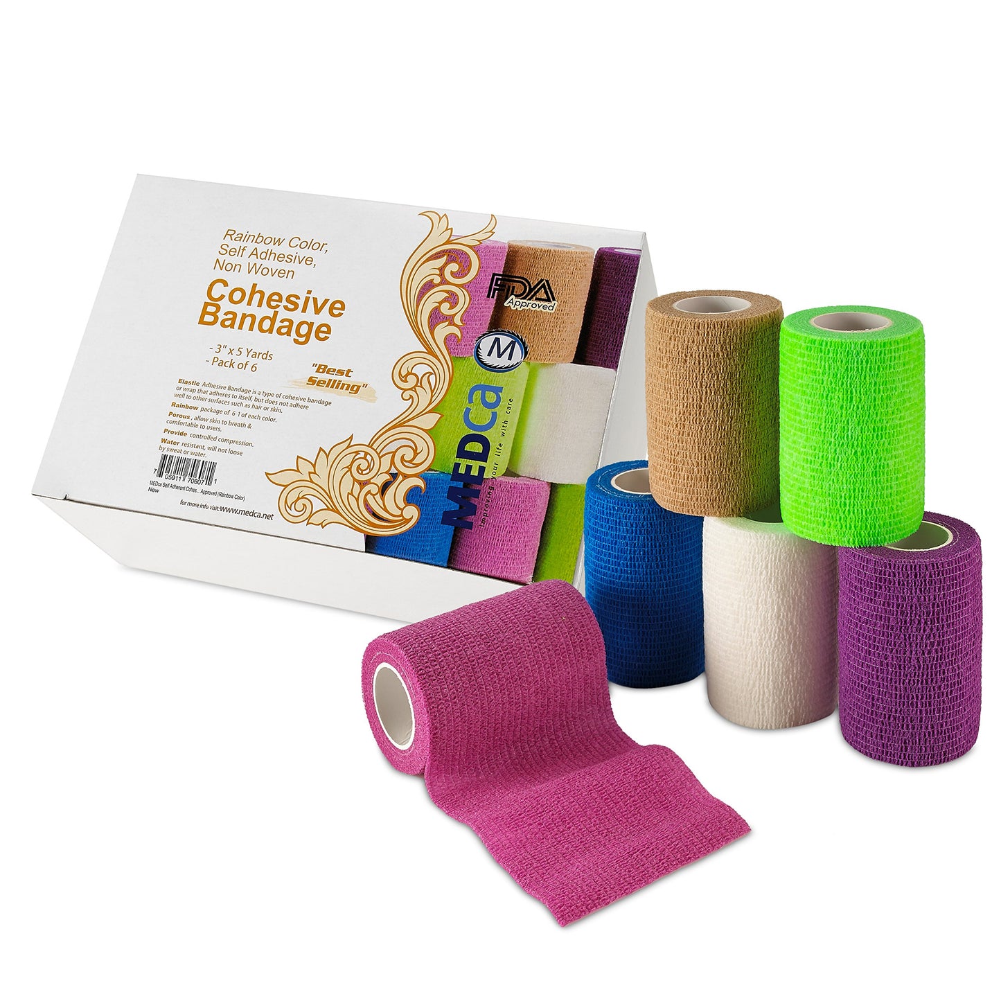 Self Adherent Wrap - Bulk Pack of 6, Athletic Tape Rolls and Sports Wraps, Self Cohesive Non-Woven Adhesive Bandage (3 In x 5 Yards) for Ankle Sprains & Swelling