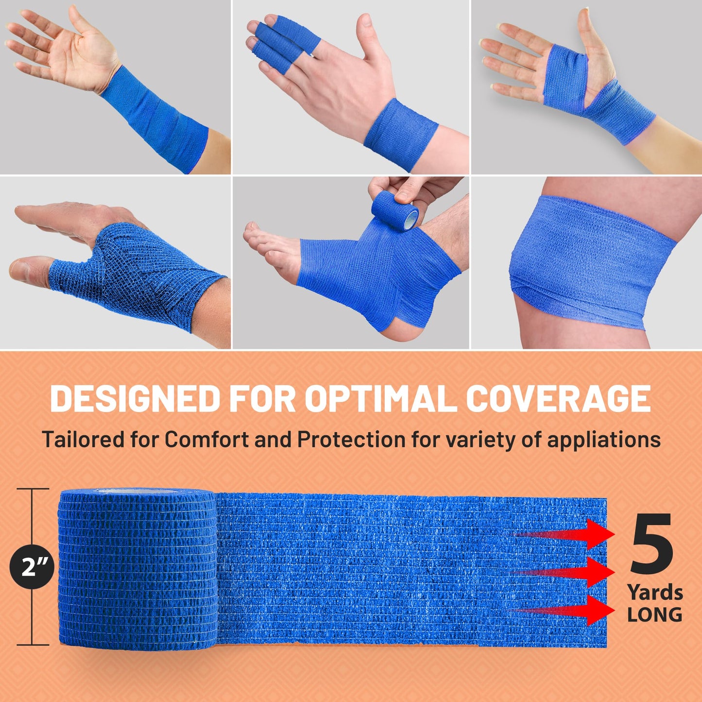 Self-Adherent Cohesive Bandage - Blue Medical Wrap - 12 Rolls 2" Wide x 5 Yards Sports Tape for Medical Use, Sports, First Aid and Helps Protect Skin