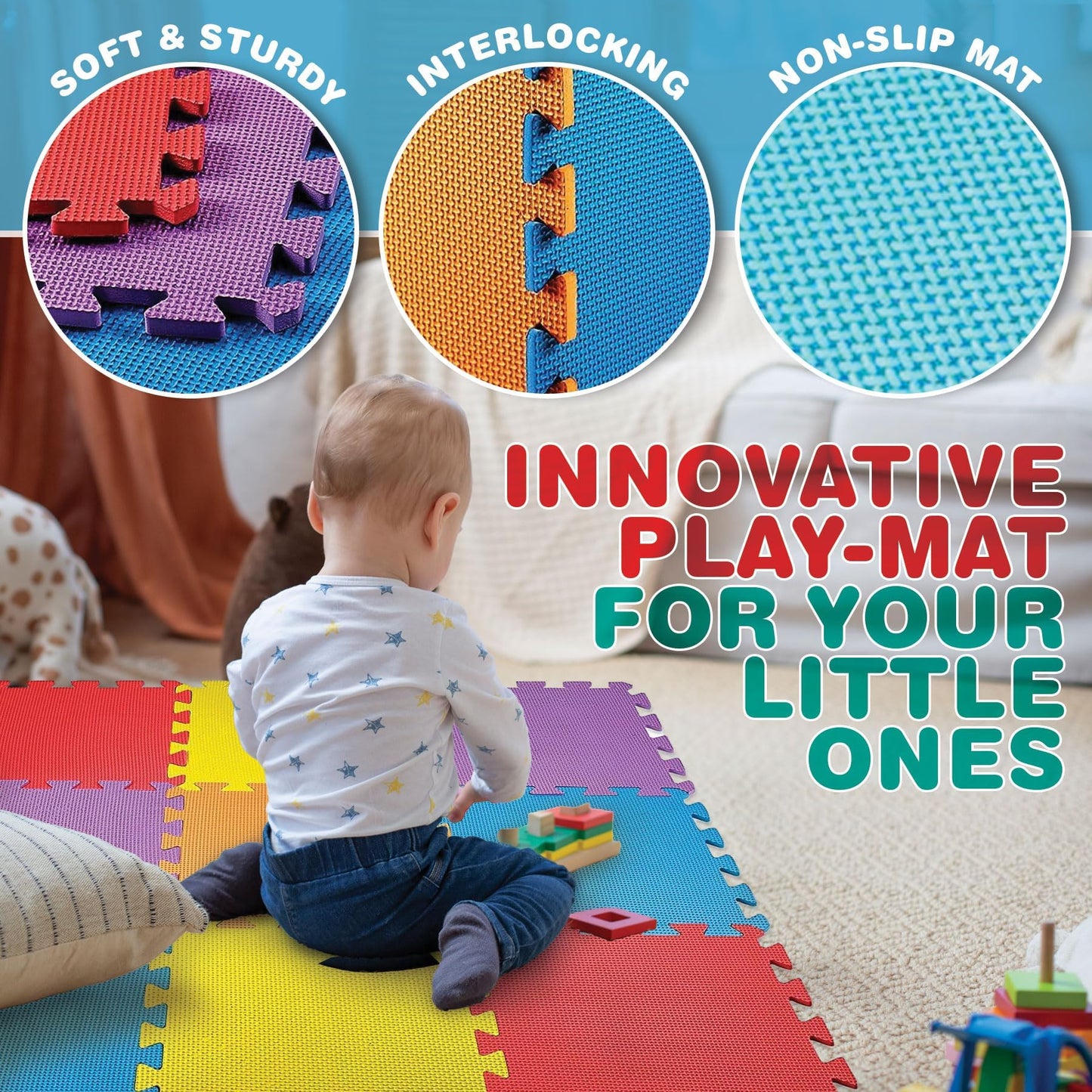 CREATIVE TIME Floor Mat 10-Tile Exercise Mat Solid Foam EVA Playmat Kids Safety - 10-Pcs of (1) Random Solid Color, Receive Either Red, Blue, Green, Yellow, Purple or Orange