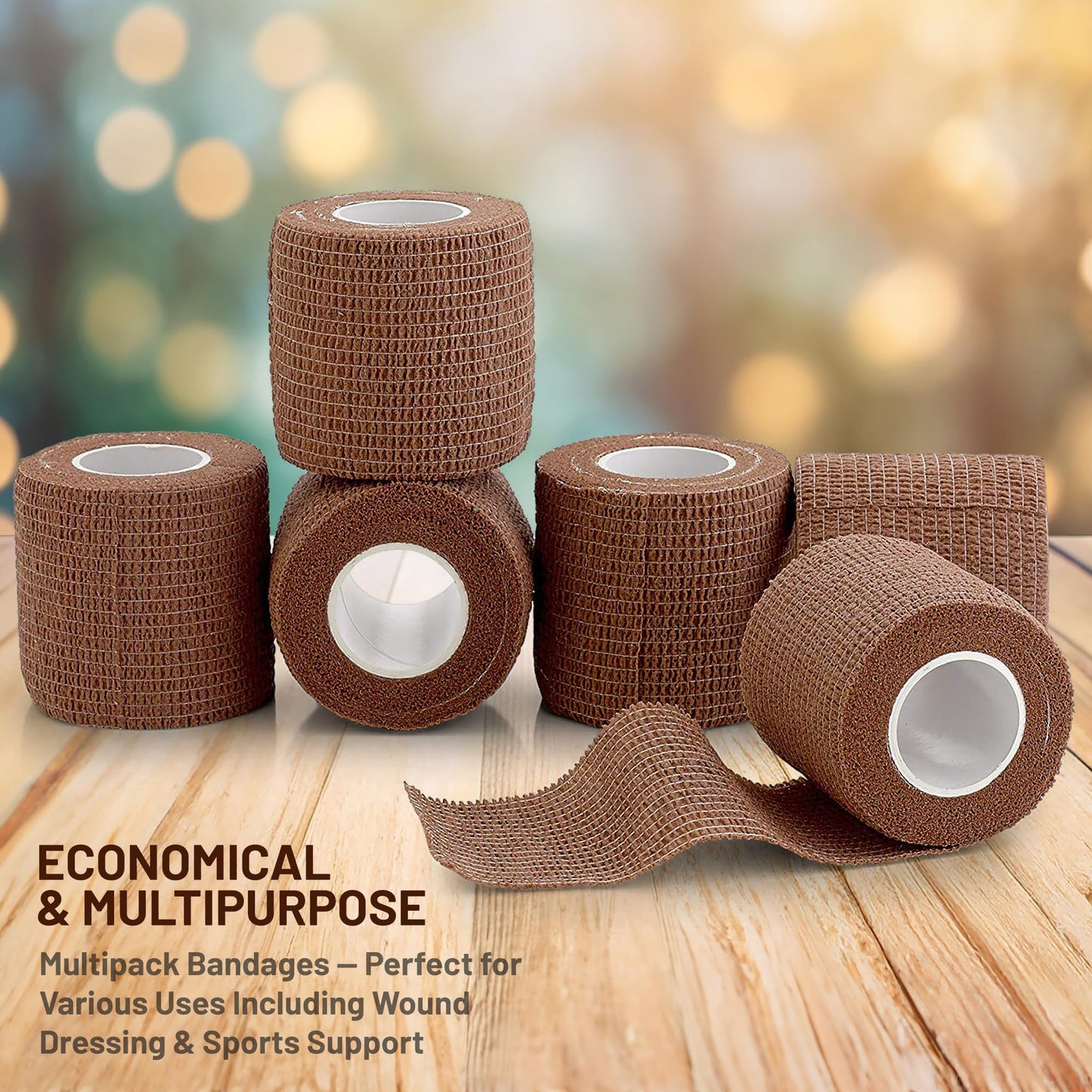 Self Adherent Cohesive Tape - 2" x 5 Yards, 12 Pack (Medium Tan) Self Adhesive Bandage Rolls & Sports Athletic Wrap for Ankle, Wrist, Knee Sprains and Swelling