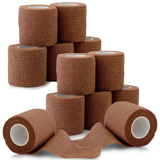 Self Adherent Cohesive Tape - 2" x 5 Yards, 12 Pack (Medium Tan) Self Adhesive Bandage Rolls & Sports Athletic Wrap for Ankle, Wrist, Knee Sprains and Swelling
