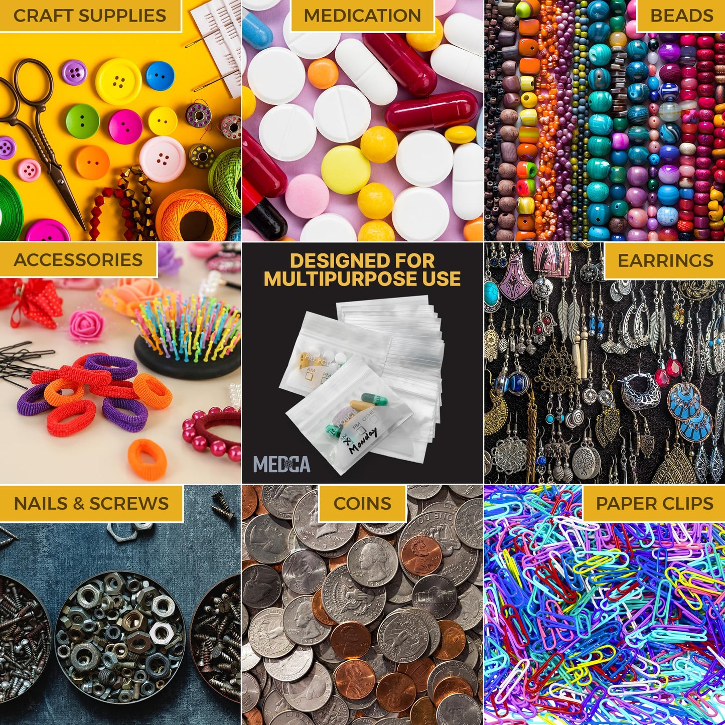 Pill Pouch Bags - (Pack of 100) 3" x 2.75" Pill Baggies and Disposable Plastic Travel Pill Bags with Write-on Labels