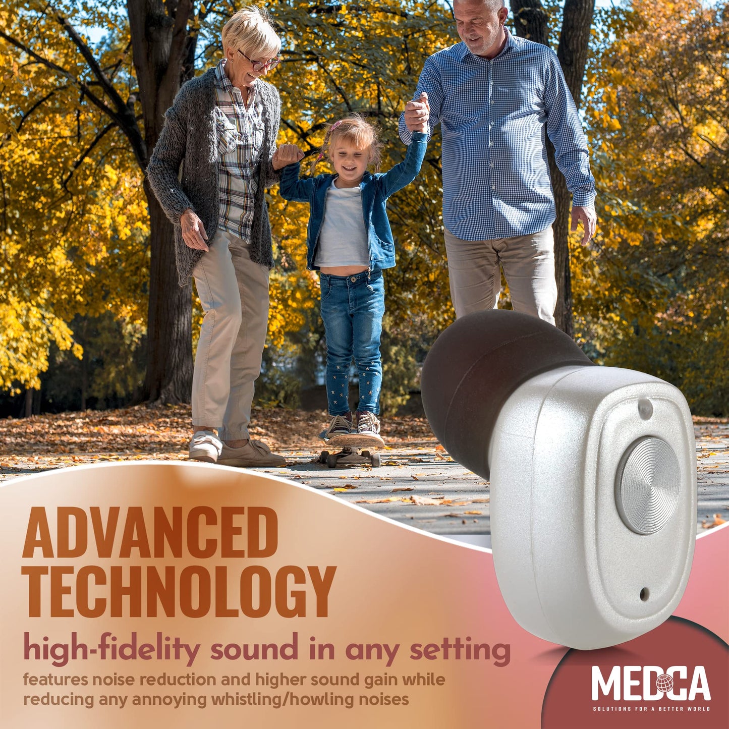 Rechargeable Hearing Amplifier Pair w/ Noise Cancelling, Digital Sound Device for Seniors & Adults - ITC Nano Personal Amplifier - One Touch Control & Low Sound Distortion Hearing Assist Device, White
