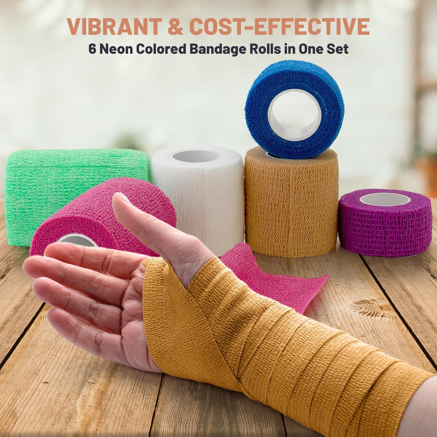 Self Adherent Cohesive Tape - (6 Count) 1" 2" 3" x 5 Yards Combo Pack, Self Adhesive Bandage Rolls & Sports Athletic Wrap for Ankle, Wrist, Sprains and Swelling, Vet Wraps in Neon Colors