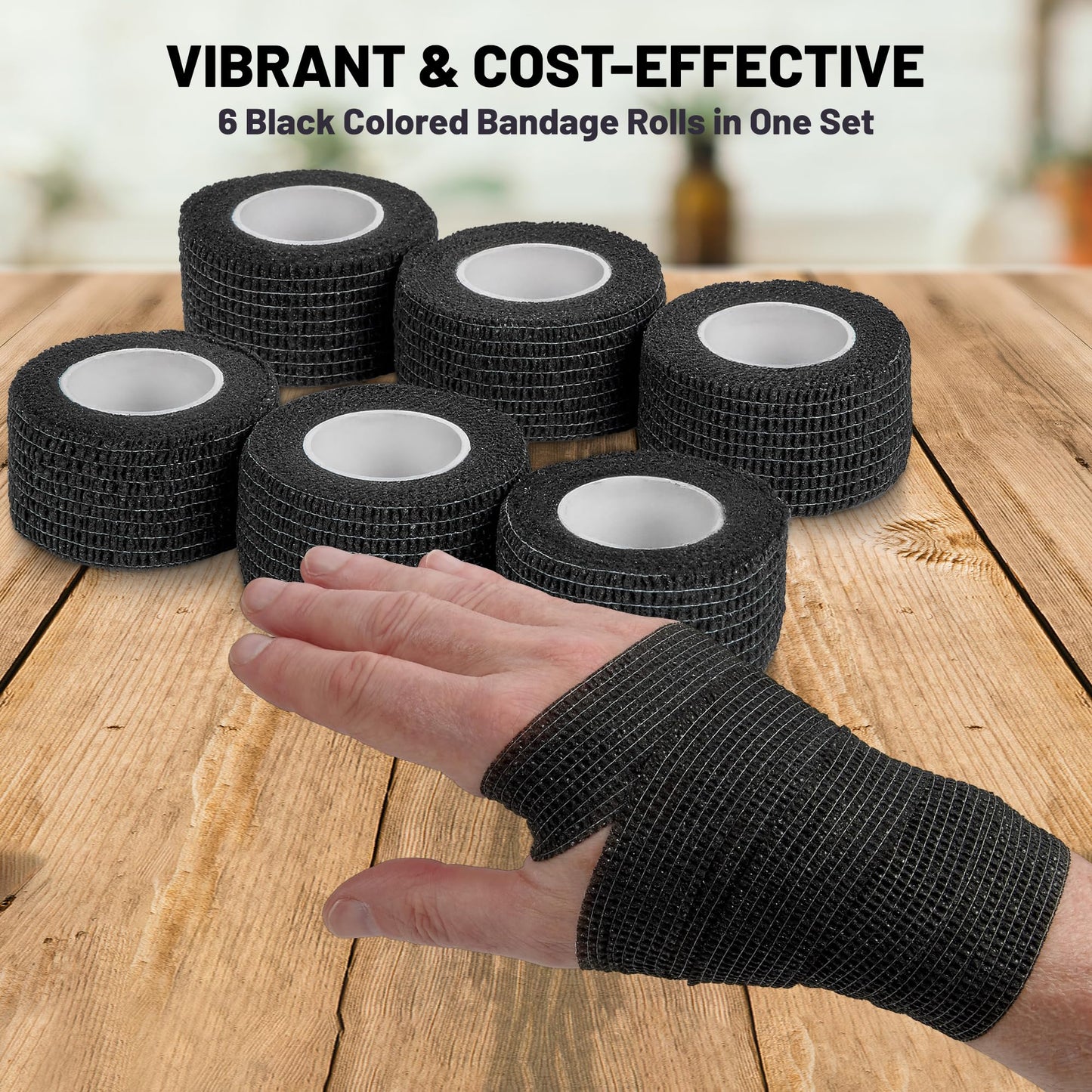 Self-Adherent Cohesive Bandage - Pack of 6 Rolls - 1" Wide x 5 Yards - Athletic Sports Tape for Medical Use, Sports, First Aid and Helps Protect Skin, Black