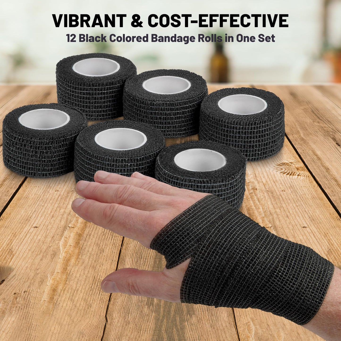 Self-Adherent Cohesive Bandage - (12 Count) - 1" Wide x 5 Yard Rolls - Athletic Sports Tape for Medical Use, Sports, First Aid and Helps Protect Skin, Black