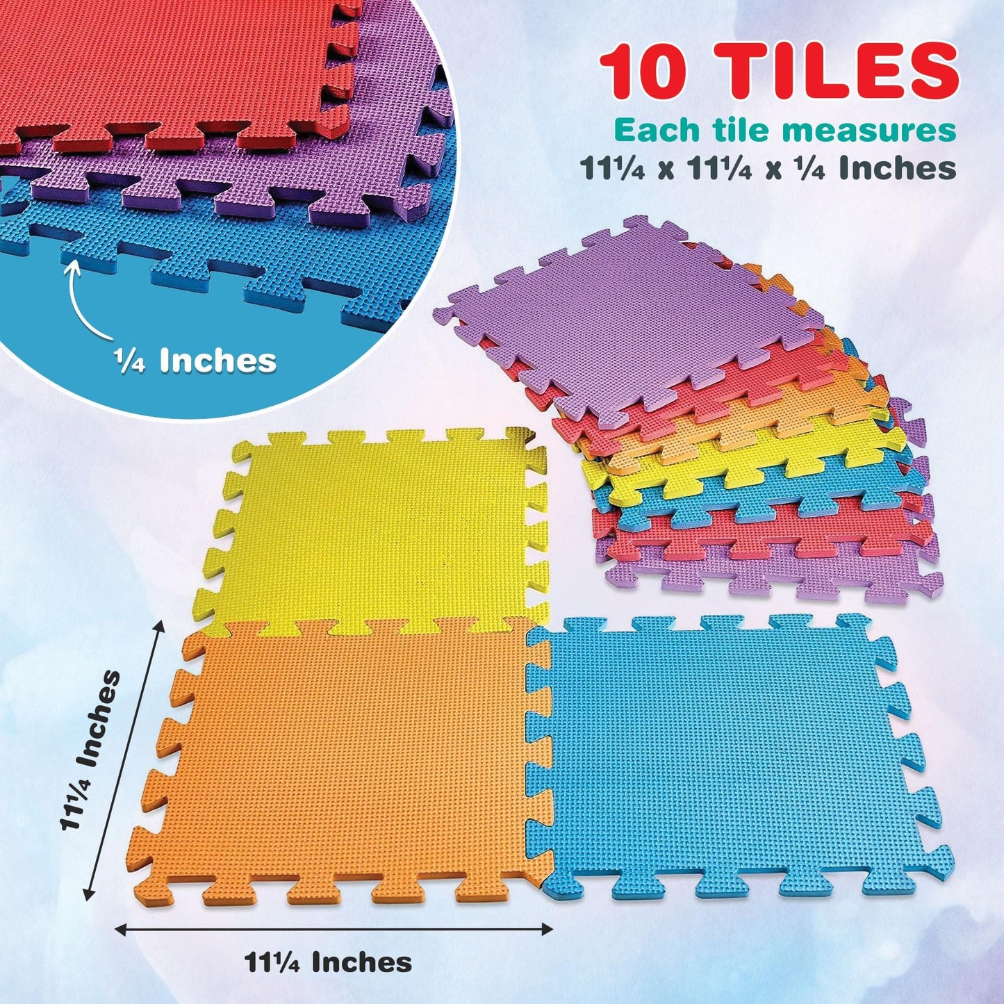 CREATIVE TIME Floor Mat 10-Tile Exercise Mat Solid Foam EVA Playmat Kids Safety - 10-Pcs of (1) Random Solid Color, Receive Either Red, Blue, Green, Yellow, Purple or Orange