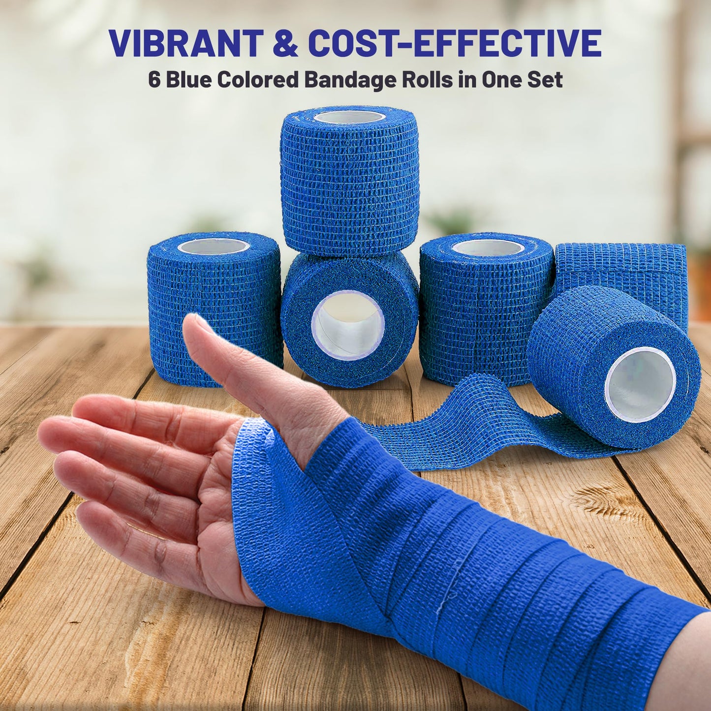 6 Pack, Self Adherent Cohesive Tape - 2” x 5 Yards, Self Adhesive Bandage Rolls & Sports Athletic Wrap for Ankle, Wrist, Knee Sprains and Swelling, Vet Wraps in Blue Color
