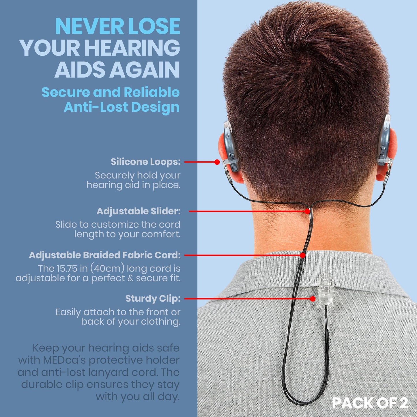 Hearing Aid Clips - Protective Holder with Anti Lost Lanyard Cord - Rope with Loops and Clip and Security Clip Ideal for Behind The Ear Hearing Aids and Personal Sound Amplifiers, (Pack of 2)