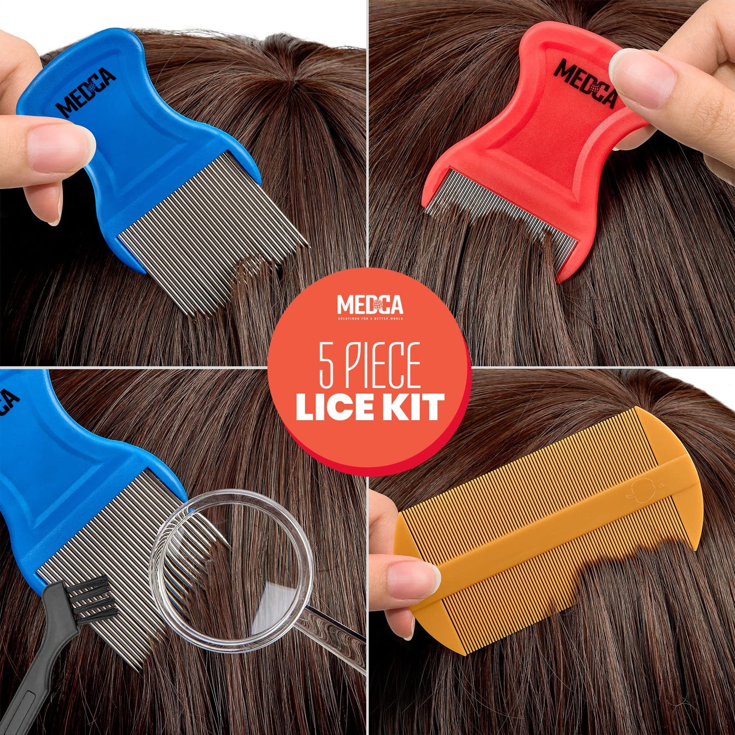 Premium 5 Piece Lice Kit - Nit Removal Fine Tooth Comb and Magnifier Full Treatment Set - Louse and Nit Combs Removes Eggs with Rounded Tips for Comfort