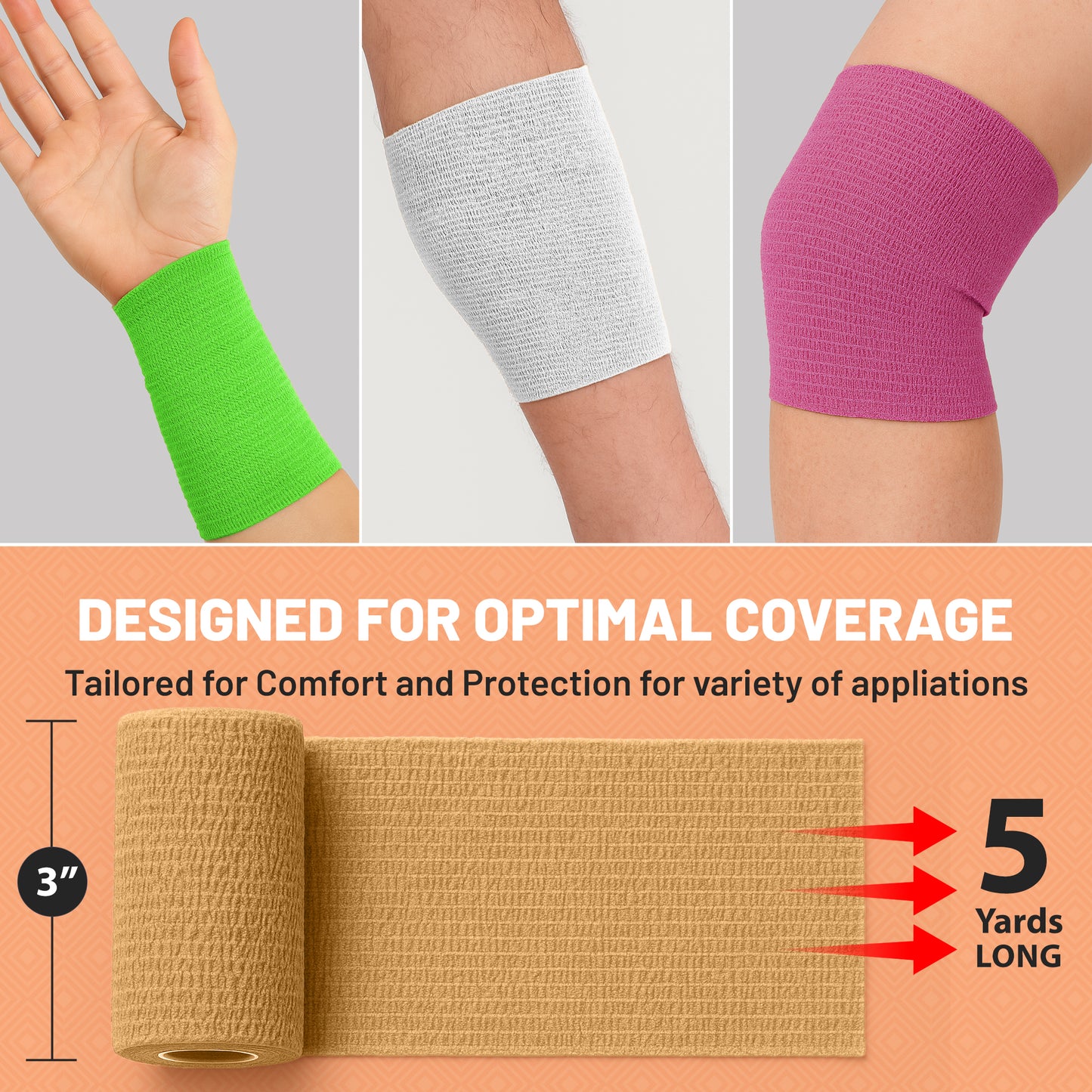 Self Adherent Wrap - Bulk Pack of 6, Athletic Tape Rolls and Sports Wraps, Self Cohesive Non-Woven Adhesive Bandage (3 In x 5 Yards) for Ankle Sprains & Swelling