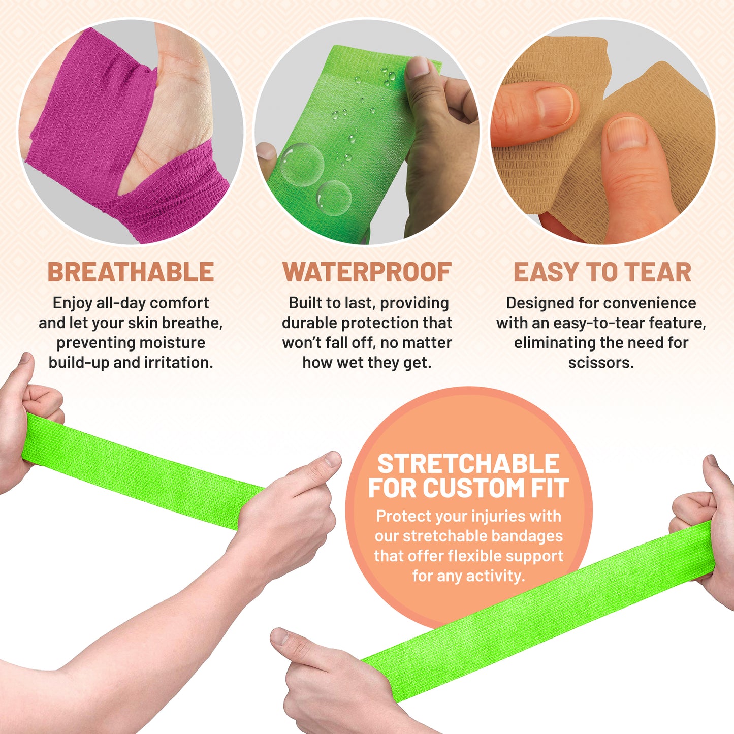 Self Adherent Wrap - Bulk Pack of 6, Athletic Tape Rolls and Sports Wraps, Self Cohesive Non-Woven Adhesive Bandage (3 In x 5 Yards) for Ankle Sprains & Swelling