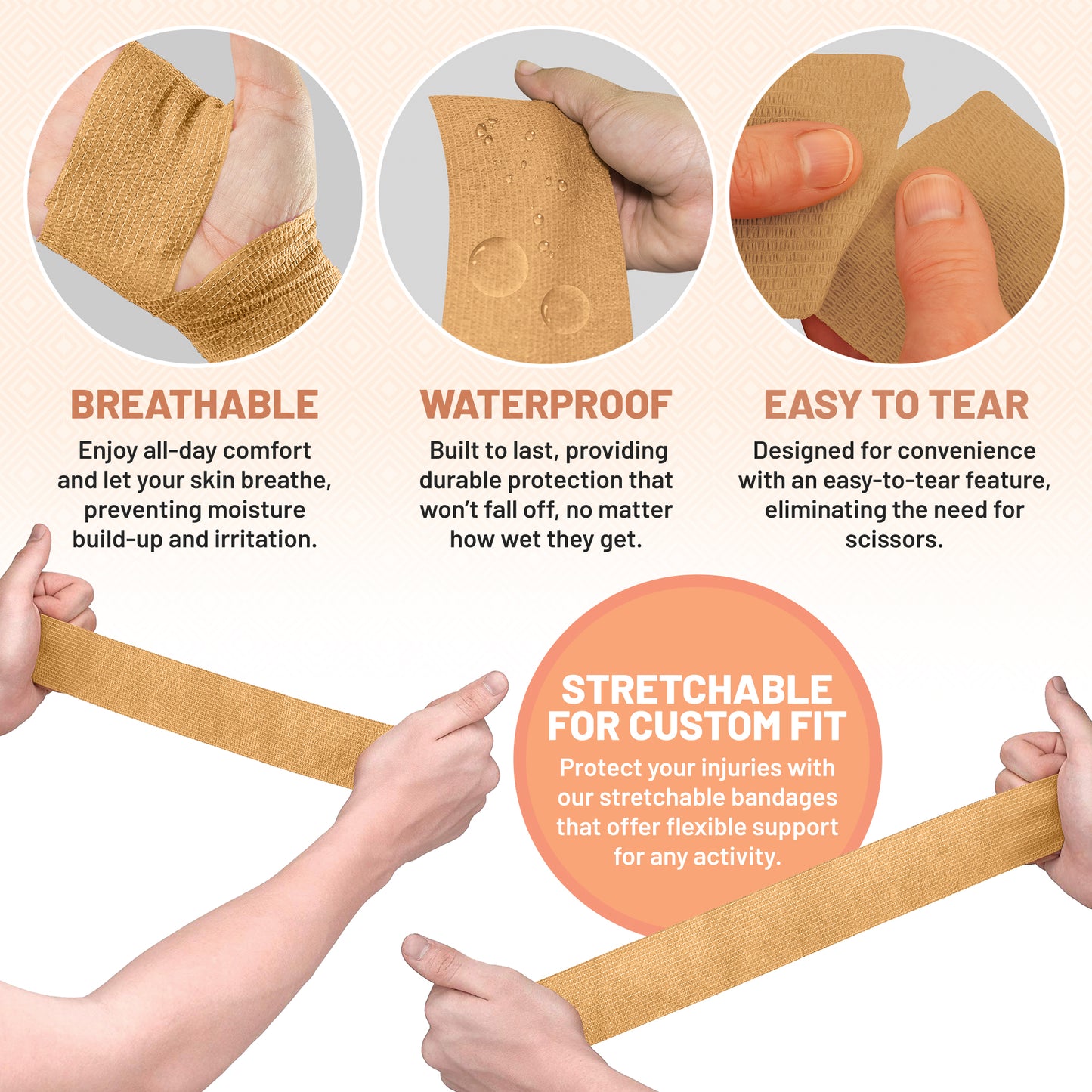 Self Adherent Wrap - Bulk Pack of 6, Athletic Tape Rolls and Sports Wraps, Self Cohesive Non-Woven Adhesive Bandage (3 In x 5 Yards) for Ankle Sprains & Swelling