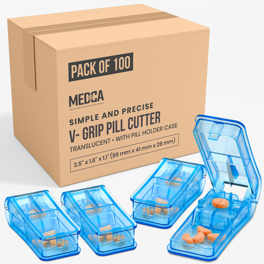 Pill Cutter - V- Grip Pill Crusher and Cutter for Vitamins, Big & Small Pills, and Medication - Transparent Pill Splitter with Pill Holder Case to Split Bulk - 100 Pack (Transparent Clear)
