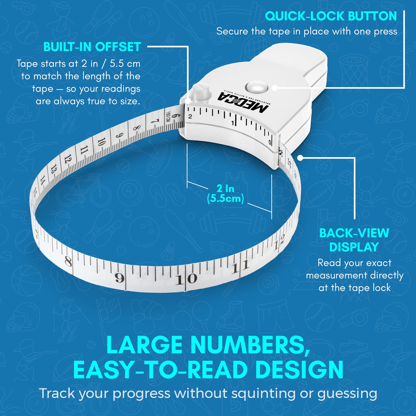 Body Tape Measure and Skinfold Caliper Body Fat Monitor Set - (Pack of 2) - Double Sided Body Tape Measures (150 cm /60 inches) - Skin Fold Body Fat Analyzer and BMI Measurement Tool, White by MEDca