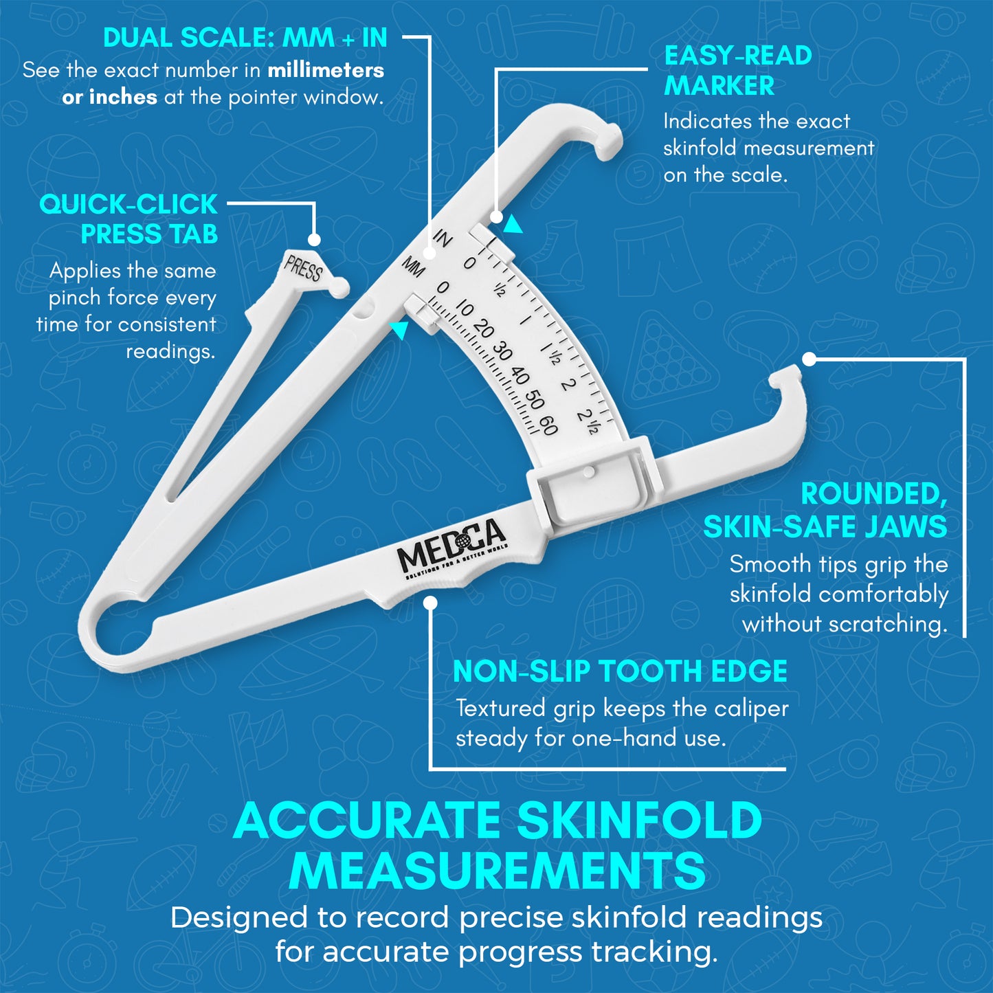 Body Tape Measure and Skinfold Caliper Body Fat Monitor Set - (Pack of 2) - Double Sided Body Tape Measures (150 cm /60 inches) - Skin Fold Body Fat Analyzer and BMI Measurement Tool, White by MEDca