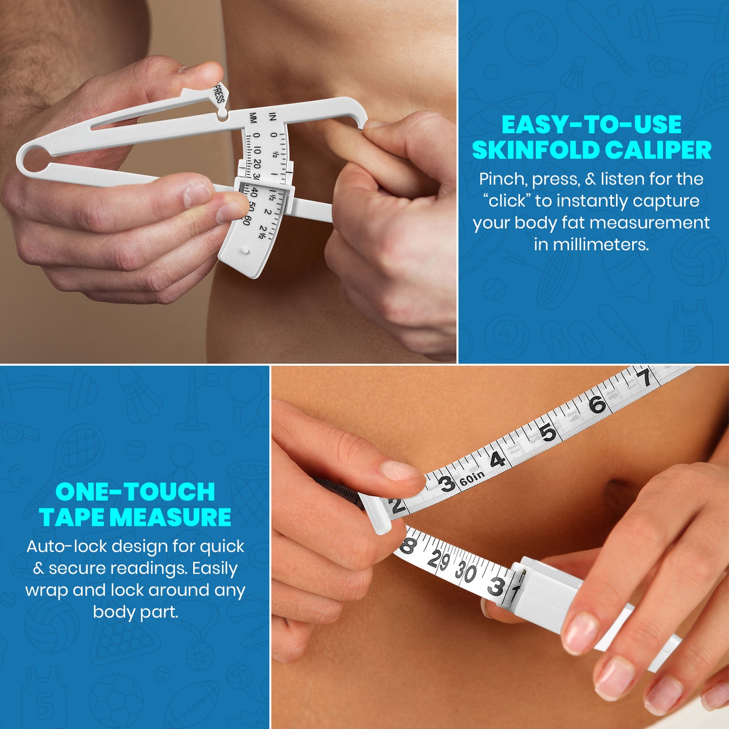 Body Tape Measure and Skinfold Caliper Body Fat Monitor Set - (Pack of 2) - Double Sided Body Tape Measures (150 cm /60 inches) - Skin Fold Body Fat Analyzer and BMI Measurement Tool, White by MEDca