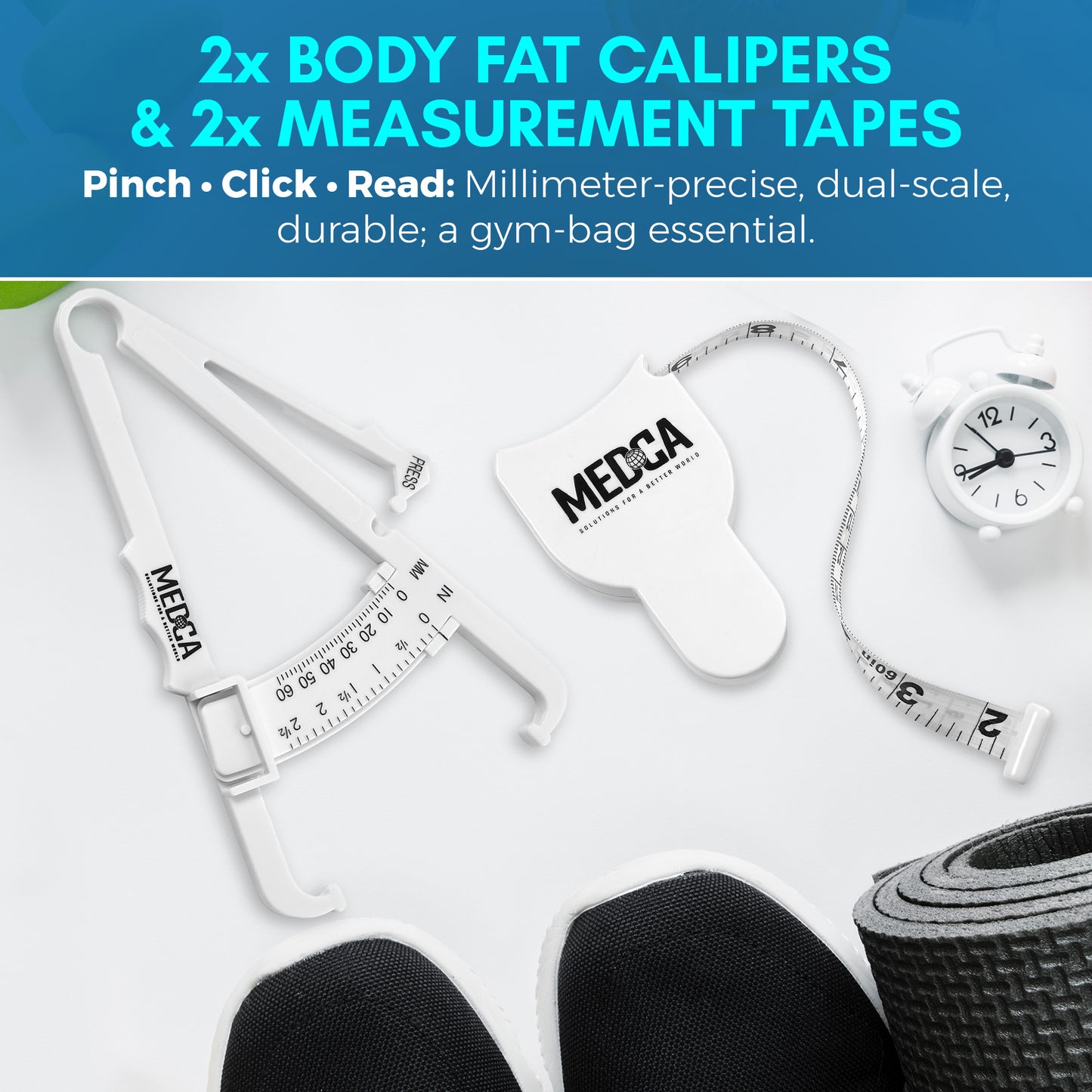 Body Tape Measure and Skinfold Caliper Body Fat Monitor Set - (Pack of 2) - Double Sided Body Tape Measures (150 cm /60 inches) - Skin Fold Body Fat Analyzer and BMI Measurement Tool, White by MEDca