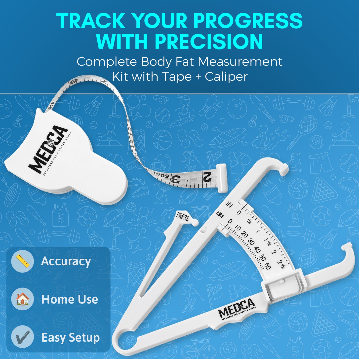 Body Tape Measure and Skinfold Caliper Body Fat Monitor Set - (Pack of 2) - Double Sided Body Tape Measures (150 cm /60 inches) - Skin Fold Body Fat Analyzer and BMI Measurement Tool, White by MEDca