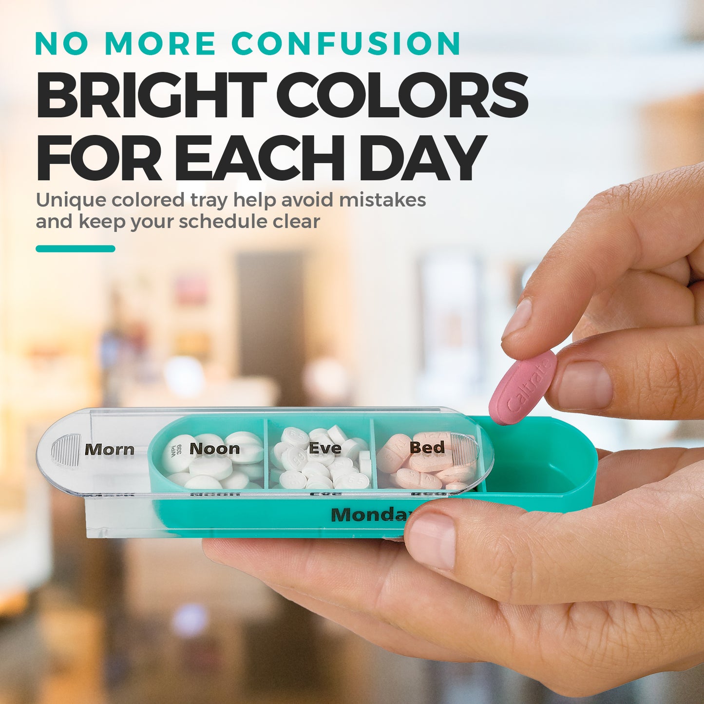 Weekly Pill Organizer, 1 Dispenser, 7 Stackable Compartments Four Times-a-Day - Morning, Noon, Evening, and Bedtime, Black