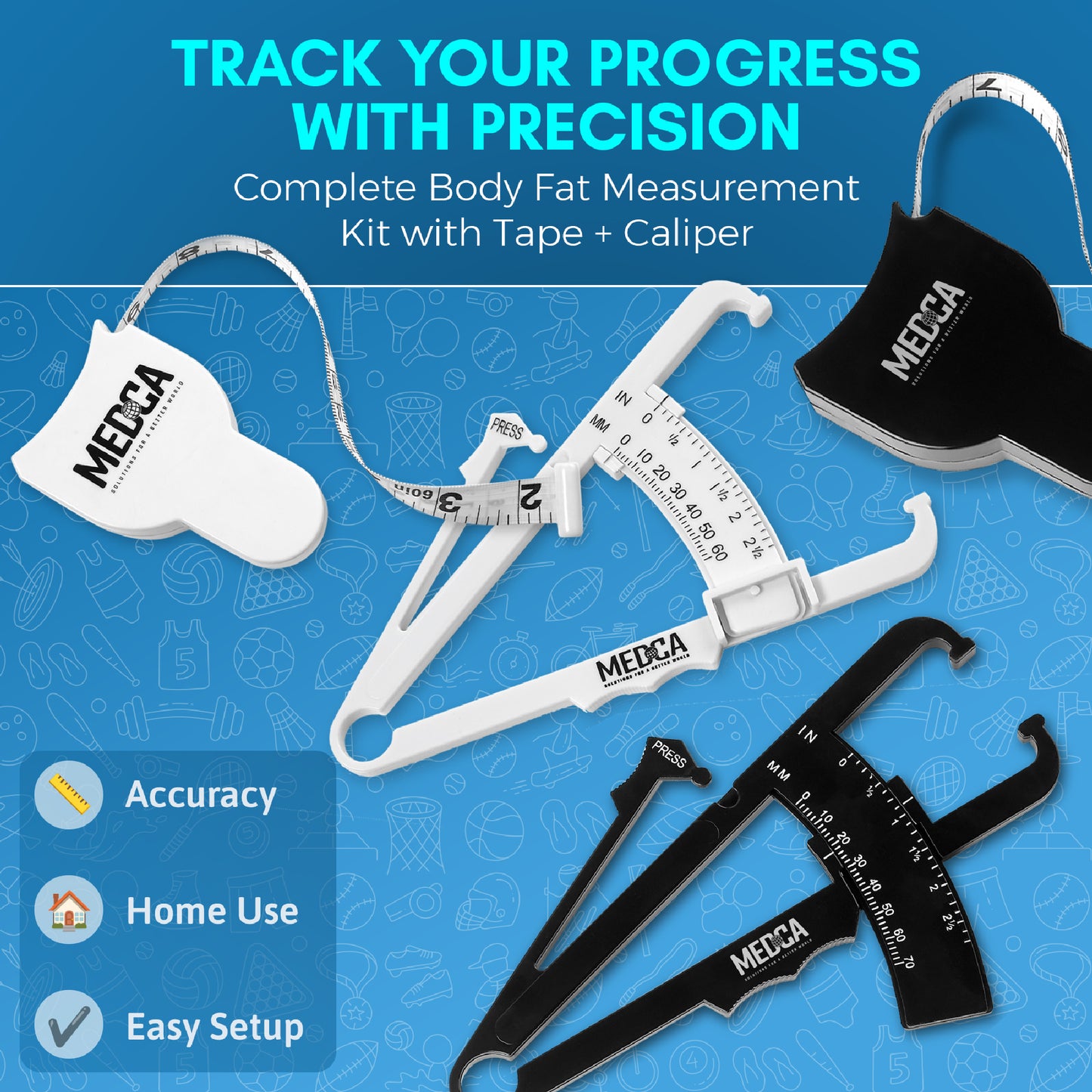 Body Fat Caliper and Measuring Tape for Body - Pack of 2 Skinfold Calipers and Body Fat Tape Measure Tools for Accurately Measuring BMI Skin Fold Fitness and Weight-Loss, (Black & White)