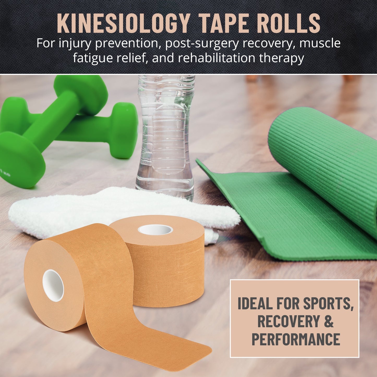 Kinesiology Tape Rolls - Pack of 3 (2 Inch x 16 Ft / 5cm x 5m) - Latex-Free, Breathable Cotton - Strong Adhesive for Muscle & Joint Support - Water-Resistant & Sweatproof for Sports & Recovery, Beige