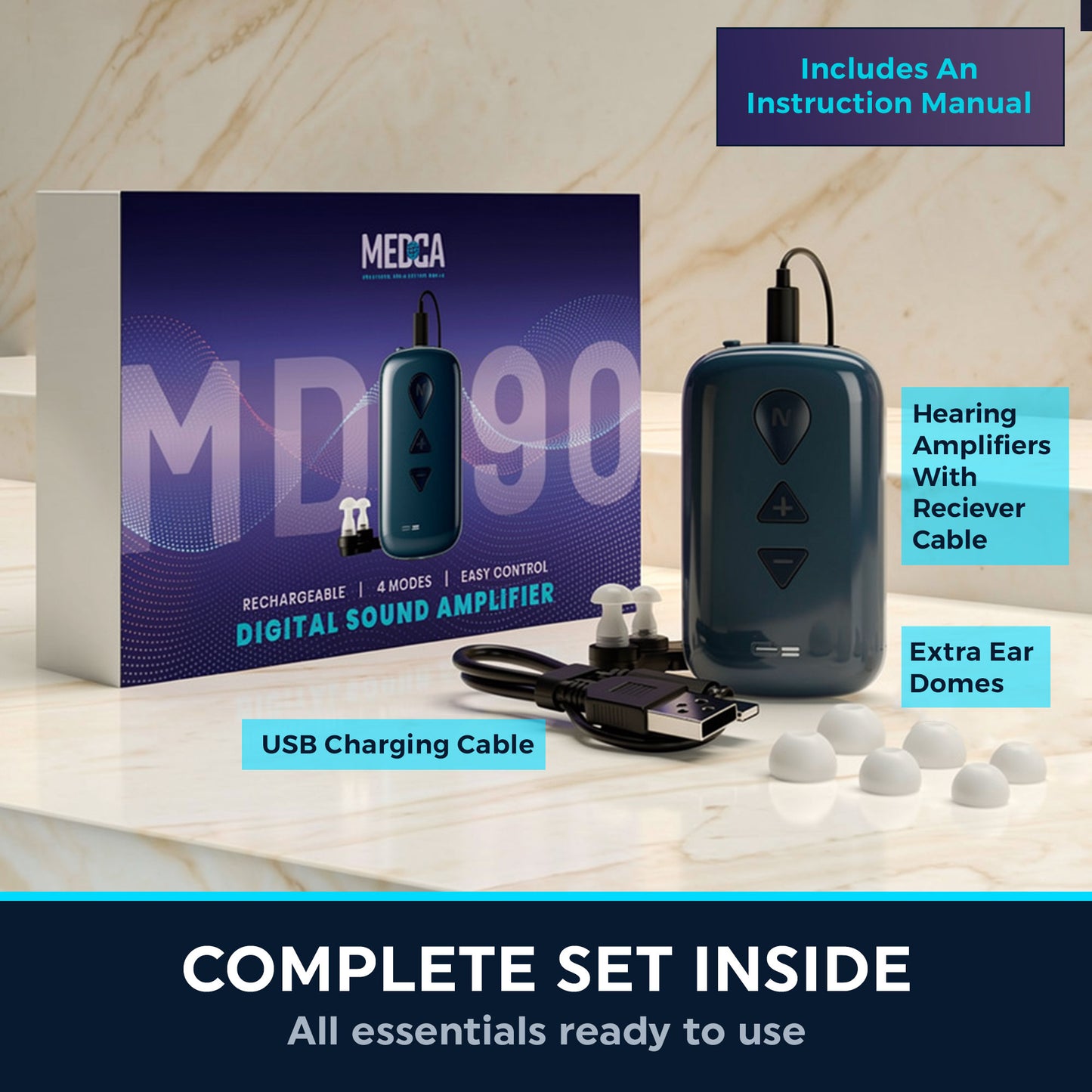MEDca High-Power Portable Hearing Amplifier Device, 120H Battery, High Volume