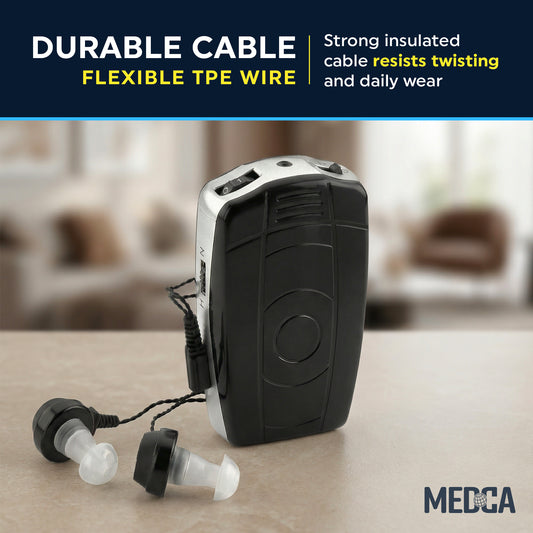 MEDca 2 Pin Hearing Aid Replacement Cord & Receiver Set - Compatible with Most Pocket Hearing Aids AVA-16 & AVA-68 Body Worn Hearing Amplifiers - 75cm Cable - Sound Amplifier Accessory & 6 Ear Domes