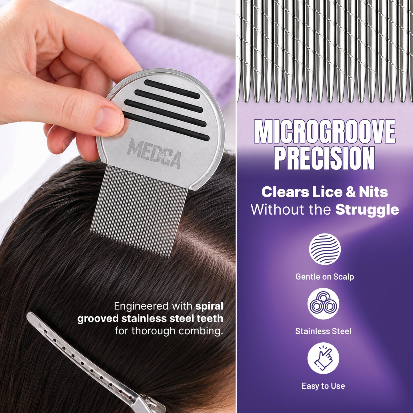 Professional Lice Comb Pro - Stainless Steel Head Lice & Nit Removal Comb with Ultra-Close Micro-Grooved Teeth, Reusable Hair Inspection Comb for Kids & Adults