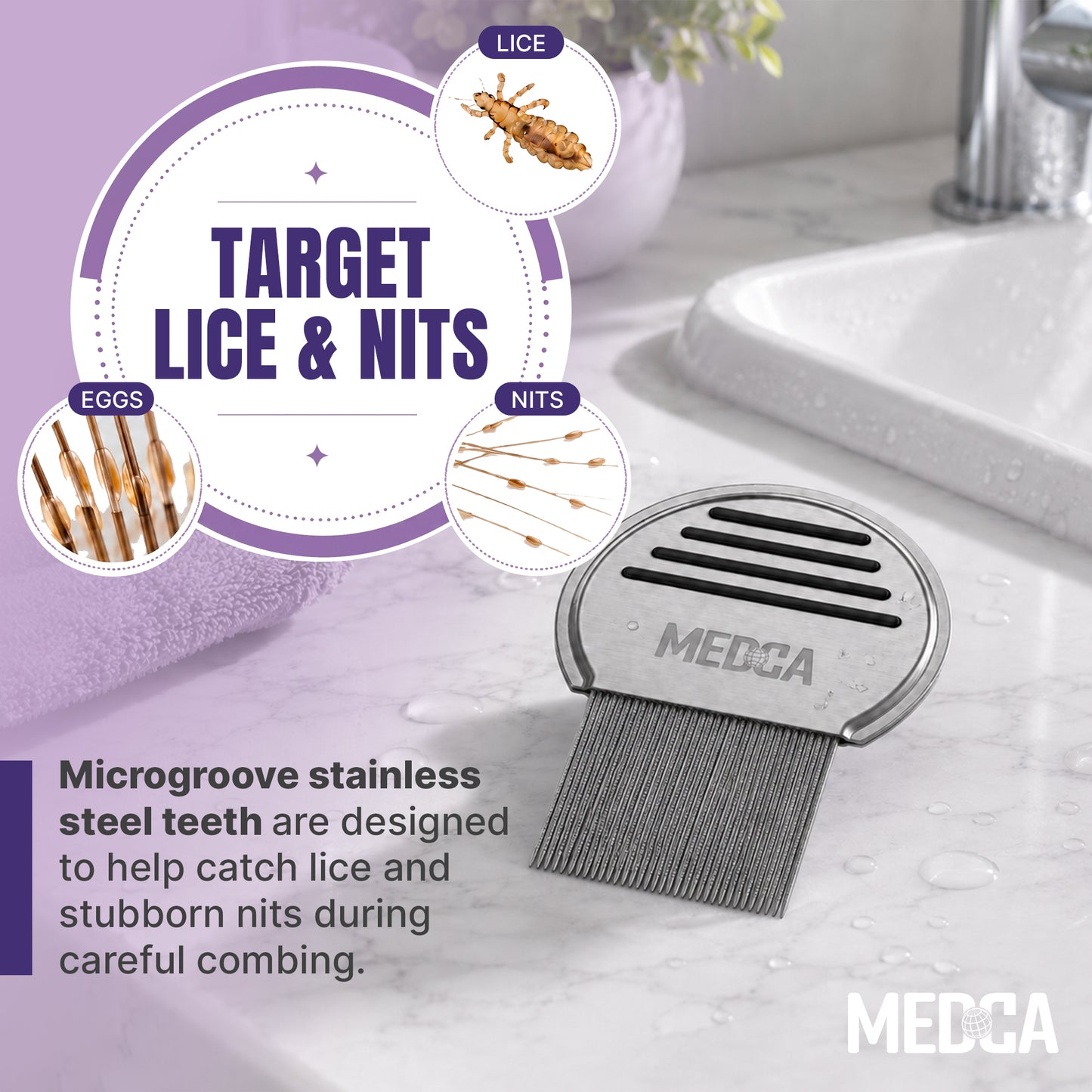 Professional Lice Comb Pro - Stainless Steel Head Lice & Nit Removal Comb with Ultra-Close Micro-Grooved Teeth, Reusable Hair Inspection Comb for Kids & Adults