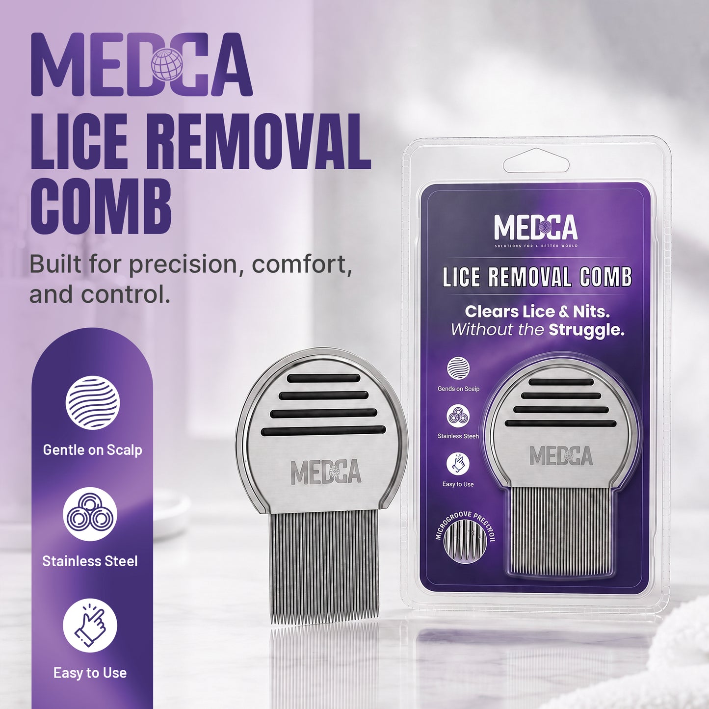 Professional Lice Comb Pro - Stainless Steel Head Lice & Nit Removal Comb with Ultra-Close Micro-Grooved Teeth, Reusable Hair Inspection Comb for Kids & Adults