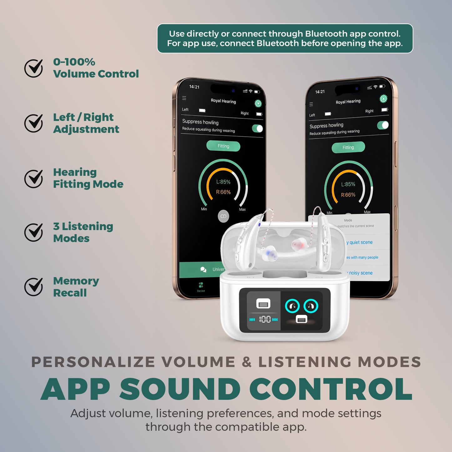 MEDca Bluetooth Hearing Amplifier for Adults - Rechargeable Personal Sound Amplifier with Smart App, Noise Reduction, LED Charging Case, 5 Volume Levels, Type-C Charging, Wireless Calls & Music
