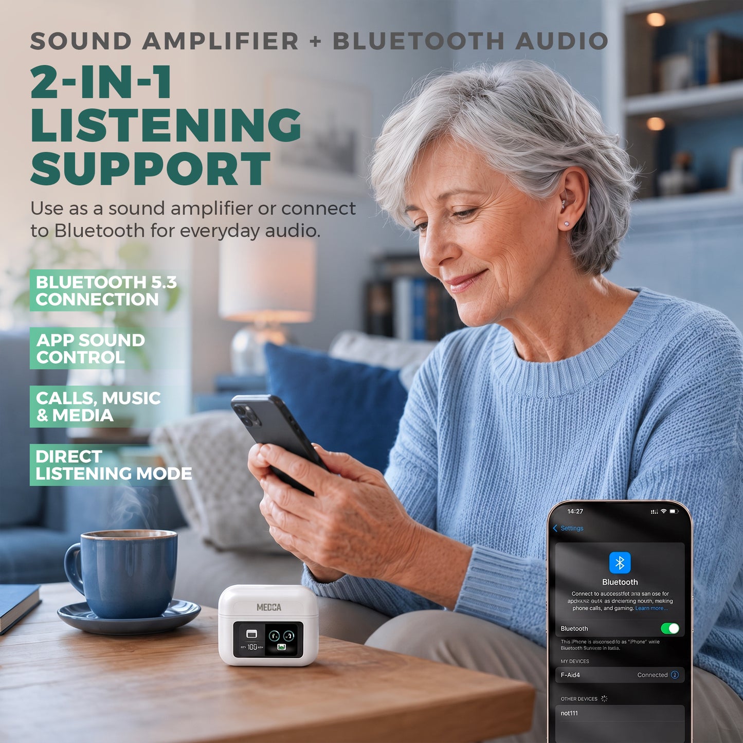 MEDca Bluetooth Hearing Amplifier for Adults - Rechargeable Personal Sound Amplifier with Smart App, Noise Reduction, LED Charging Case, 5 Volume Levels, Type-C Charging, Wireless Calls & Music
