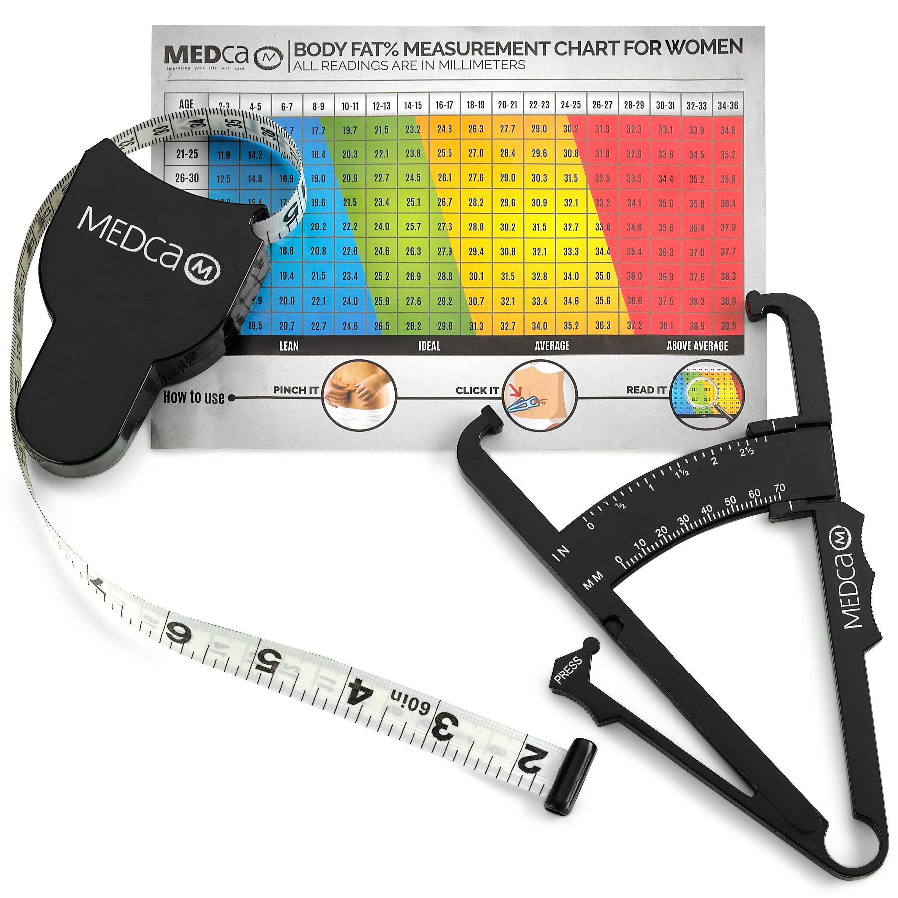 Measuring Tape & Body Fat Caliper for Analyzer (Black)