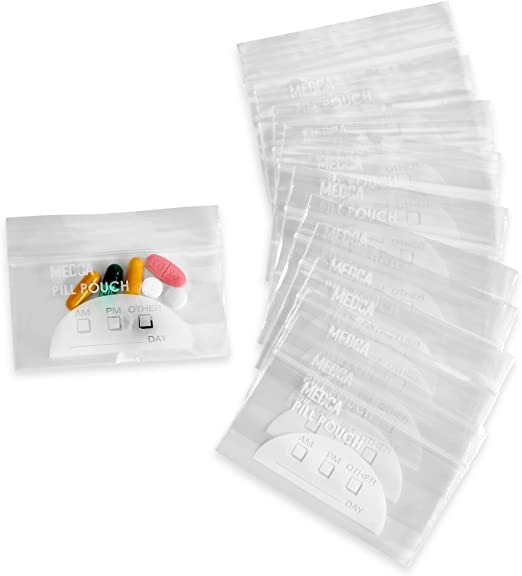 Pill Pouch Bags - (Pack of 100) 4 x 2.75 - 3 Mil BPA-Free, Poly Bag  Disposable Zipper Pills Baggies, Daily AM PM Travel Medicine Organizer  Storage
